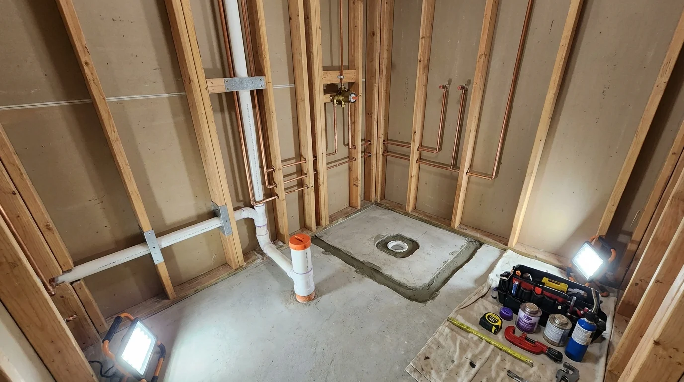 Bathroom rough-in plumbing during remodel by Johns Plumbing LLC in Whiting