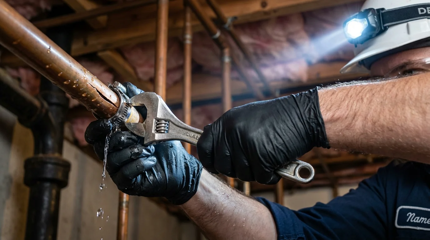 Emergency pipe clamp repair being performed by a Johns Plumbing LLC plumber in Whiting