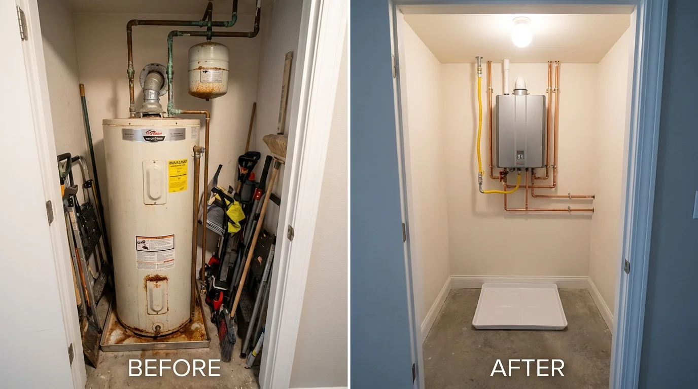 Tank water heater versus wall-mounted tankless unit comparison for Whiting, IN homeowners