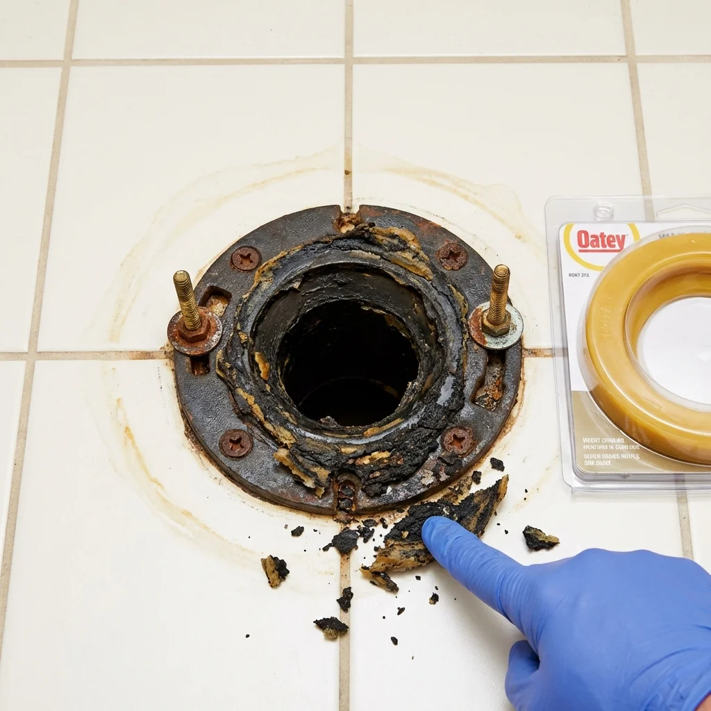 Failed wax ring showing water seepage at the base of a toilet in a Whiting, IN home