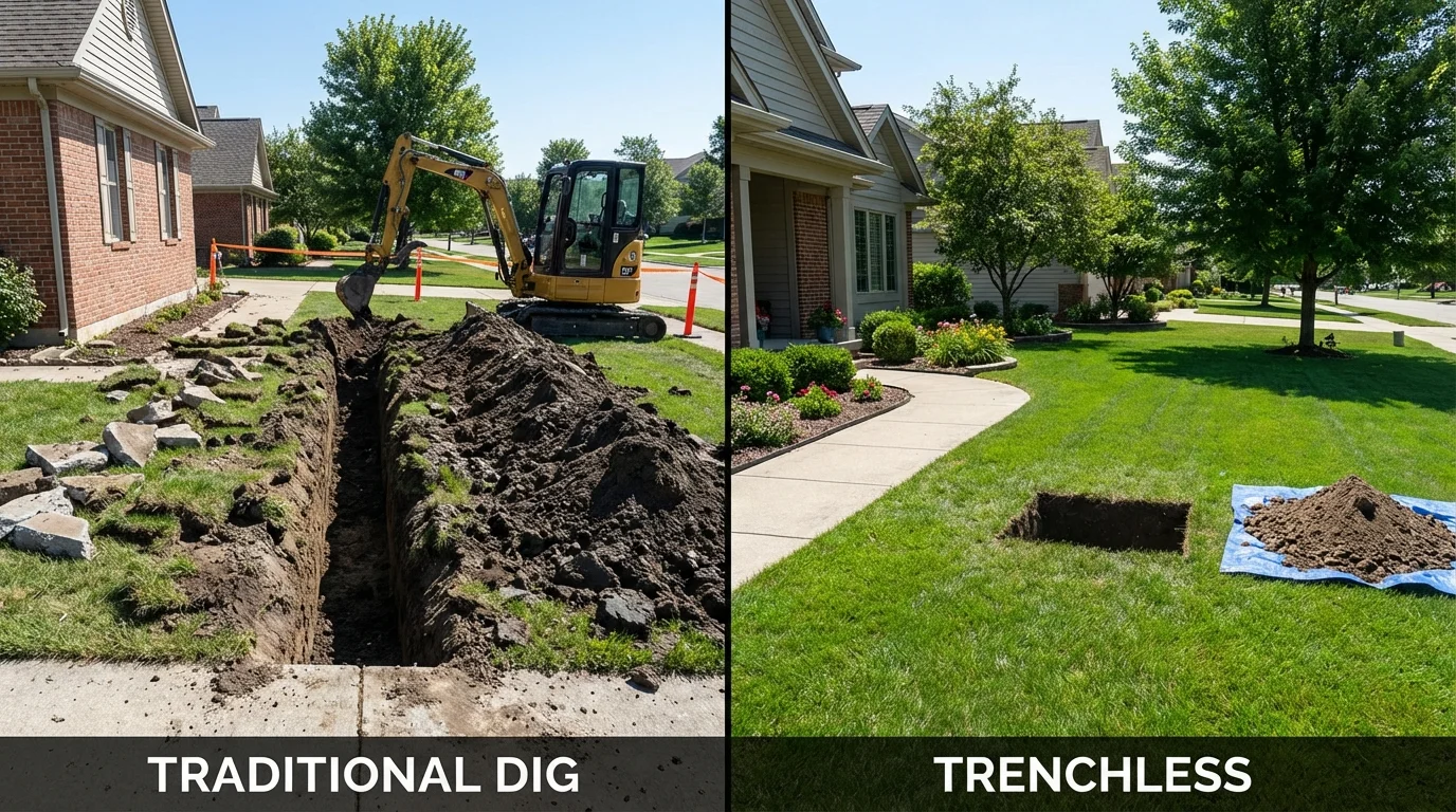 Trenchless sewer repair with minimal yard damage versus traditional excavation in Whiting, IN